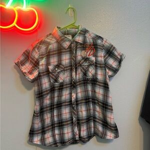 Harley Davidson Short-Sleeve Plaid Button-Up Shirt in Black, White & Orange